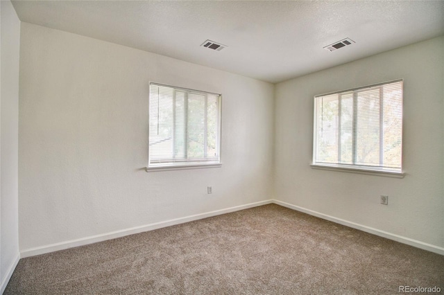 carpeted empty room with visible vents, a healthy amount of sunlight, and baseboards