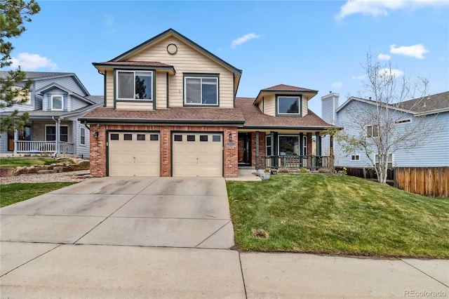 12551 W 84th Cir, Arvada, CO 80005 - traditional home featuring driveway, an attached garage, fence, a porch, and brick siding