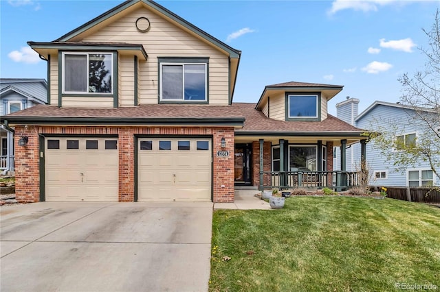 12551 W 84th Cir, Arvada, CO 80005 - view of front facade with an attached garage, driveway, a porch, brick siding, and a front yard