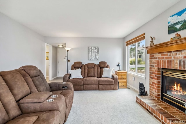 12551 W 84th Cir, Arvada, CO 80005 - carpeted living room featuring a brick fireplace and baseboards