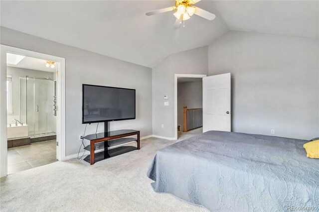 12551 W 84th Cir, Arvada, CO 80005 - bedroom featuring carpet flooring, vaulted ceiling, baseboards, a ceiling fan, and connected bathroom