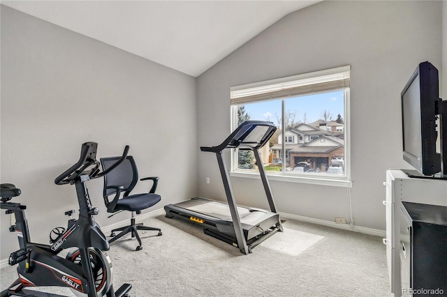 12551 W 84th Cir, Arvada, CO 80005 - exercise room featuring vaulted ceiling, carpet flooring, and baseboards