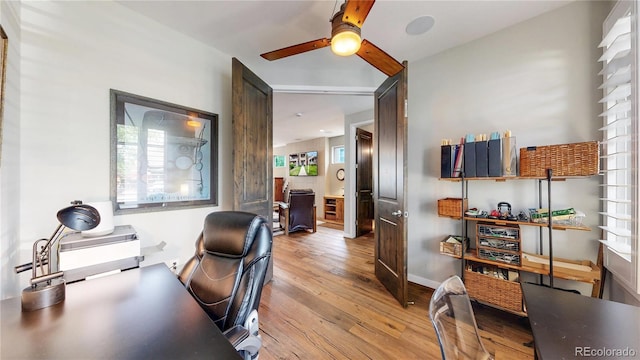 1426 S Pearl St, Denver, CO 80210 - home office featuring ceiling fan, hardwood / wood-style flooring, and plenty of natural light
