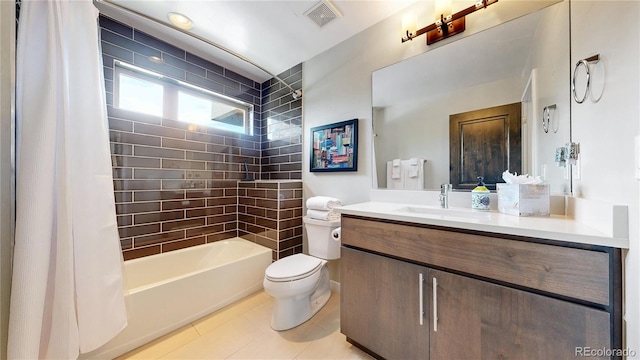 1426 S Pearl St, Denver, CO 80210 - full bathroom featuring vanity, shower / bath combo with shower curtain, and tile patterned floors