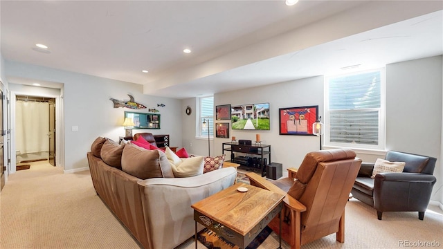 1426 S Pearl St, Denver, CO 80210 - living room with light colored carpet and recessed lighting
