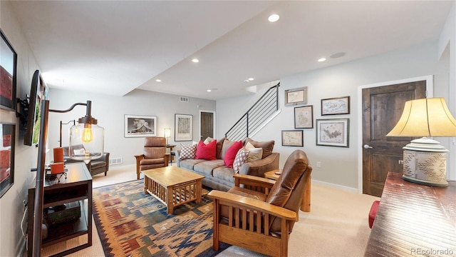 1426 S Pearl St, Denver, CO 80210 - carpeted living area with stairway and recessed lighting