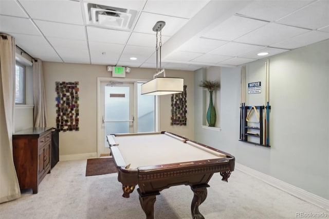 rec room with billiards, a drop ceiling, and light colored carpet