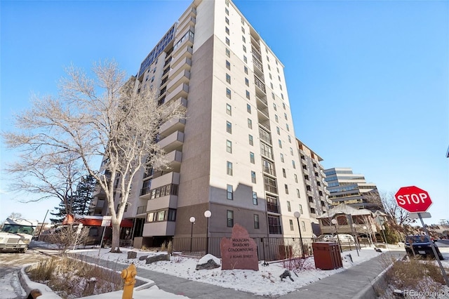 view of snow covered building