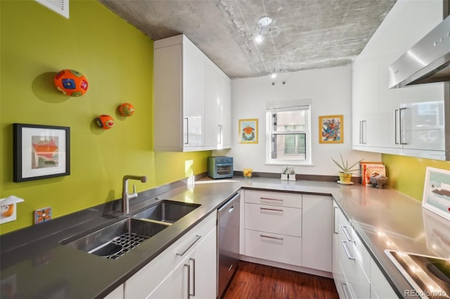 kitchen with sink, white cabinets, dishwasher, dark hardwood / wood-style floors, and extractor fan