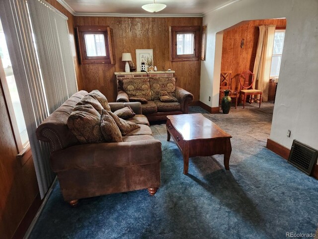 3036 W Clyde Pl, Denver, CO 80211 - carpeted living area with plenty of natural light, ornamental molding, and wood walls