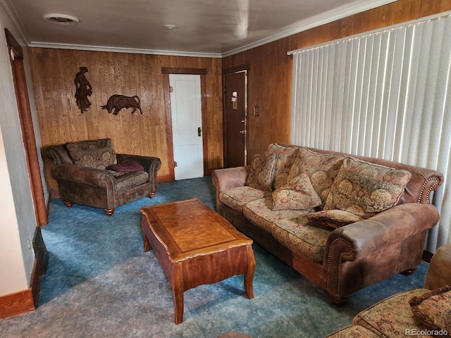 3036 W Clyde Pl, Denver, CO 80211 - carpeted living room featuring wooden walls and crown molding