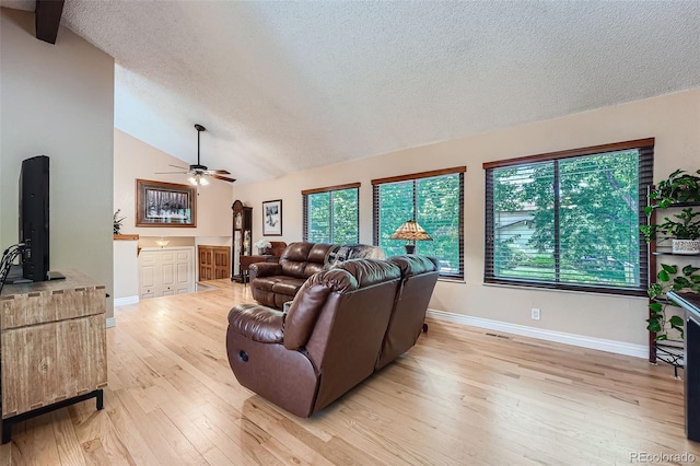 3752 S Helena Way, Aurora, CO 80013 - living area with lofted ceiling, ceiling fan, a textured ceiling, and light wood-style flooring