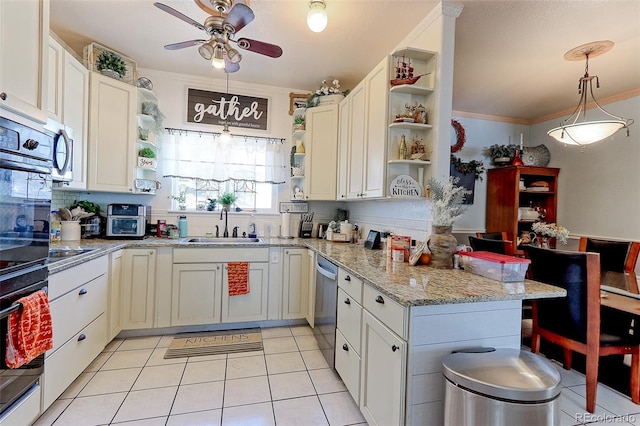 kitchen with a peninsula, a sink, white cabinetry, open shelves, and stainless steel dishwasher