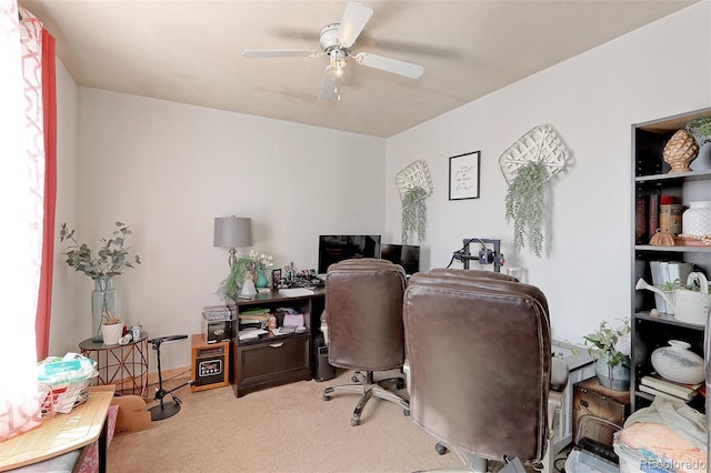 home office with light colored carpet and ceiling fan