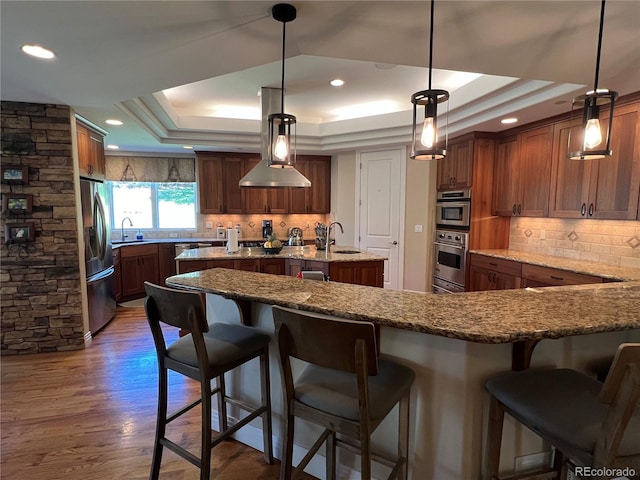 kitchen with dark hardwood / wood-style flooring, appliances with stainless steel finishes, backsplash, a raised ceiling, and decorative light fixtures