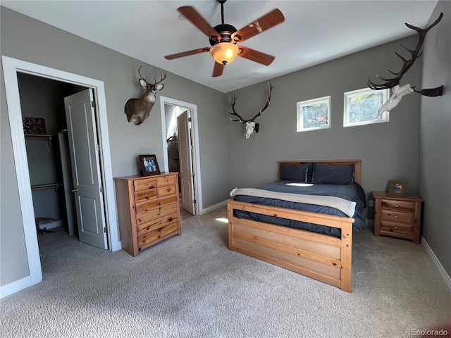 bedroom with a walk in closet, a closet, carpet, and ceiling fan