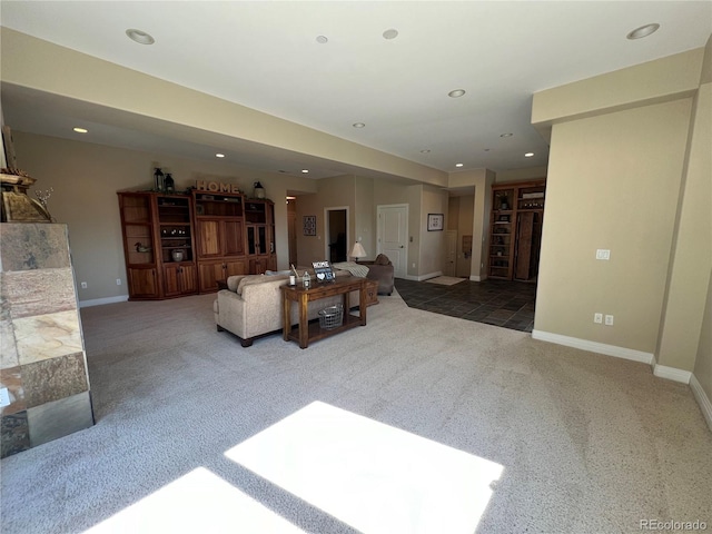 living room featuring dark carpet