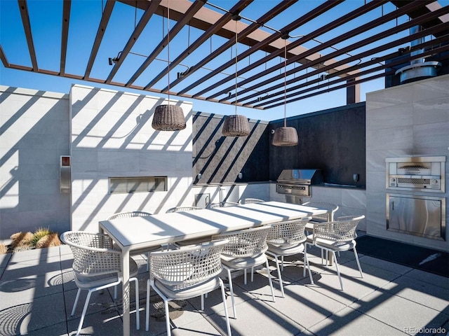 155 Steele St Unit 418, Denver, CO 80206 - view of patio featuring a fireplace, a pergola, and outdoor dining space