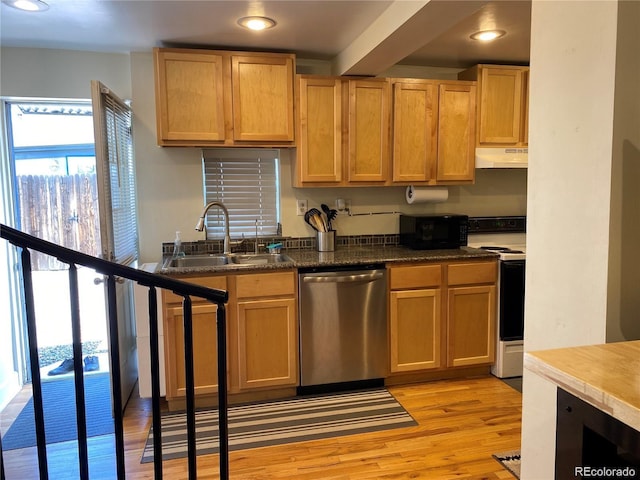 kitchen featuring sink, light hardwood / wood-style floors, dishwasher, and white electric stove