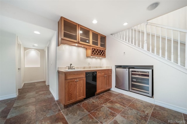 bar featuring beverage cooler, sink, and black dishwasher