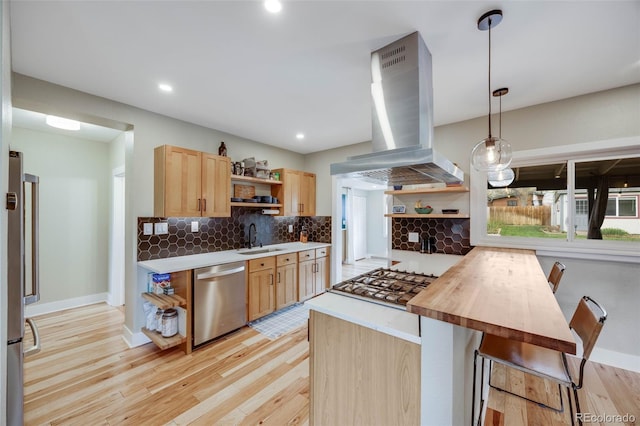 1055 Quartz St, Golden, CO 80401 - kitchen featuring open shelves, stainless steel appliances, island range hood, a sink, and light brown cabinets