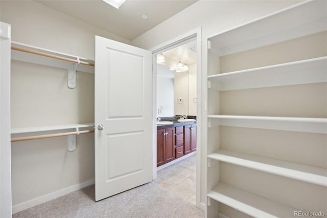 spacious closet with sink and light colored carpet