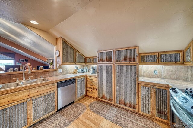 1120 County Road 322, Westcliffe, CO 81252 - kitchen with appliances with stainless steel finishes, a sink, lofted ceiling, light wood-style flooring, and light countertops
