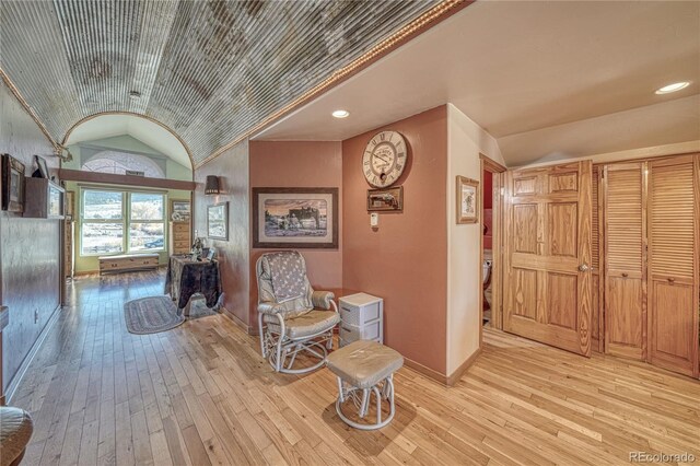 1120 County Road 322, Westcliffe, CO 81252 - hallway featuring vaulted ceiling, light wood-style flooring, baseboards, and recessed lighting