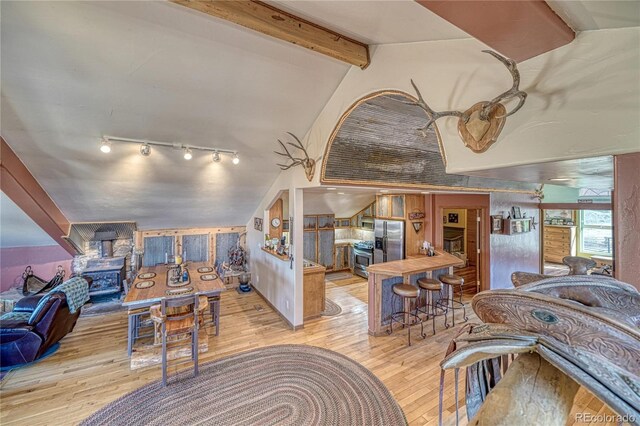 1120 County Road 322, Westcliffe, CO 81252 - living area with wood-type flooring, a wood stove, and track lighting