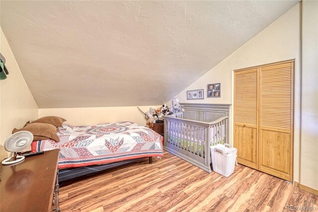 1120 County Road 322, Westcliffe, CO 81252 - bedroom with vaulted ceiling, wood finished floors, and a closet