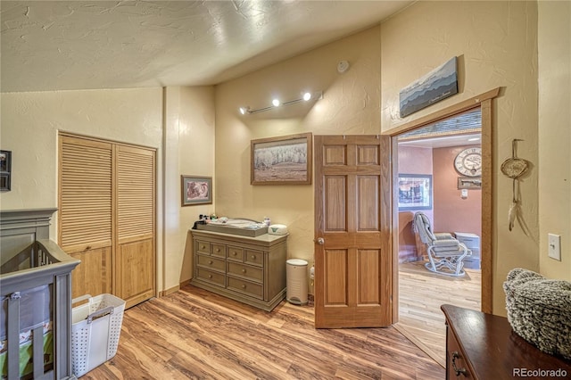 1120 County Road 322, Westcliffe, CO 81252 - bedroom with a textured wall, light wood-type flooring, a closet, and lofted ceiling