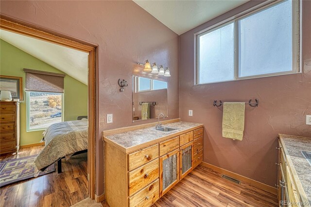 1120 County Road 322, Westcliffe, CO 81252 - bathroom with vaulted ceiling, wood finished floors, vanity, ensuite bathroom, and baseboards