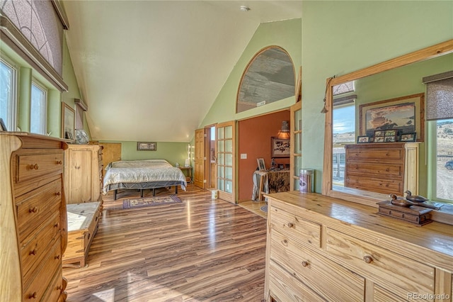 1120 County Road 322, Westcliffe, CO 81252 - bedroom with wood finished floors, french doors, and high vaulted ceiling