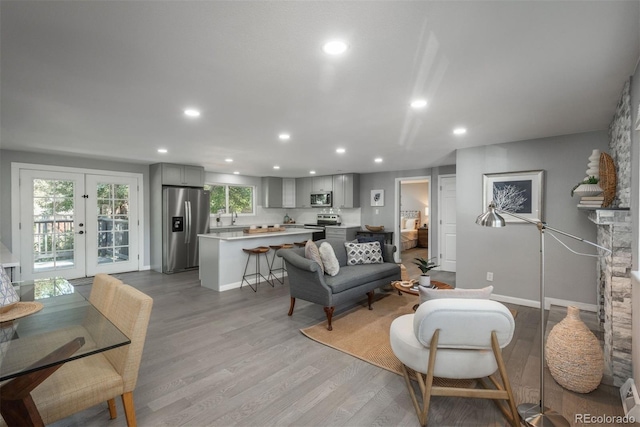 living room with light hardwood / wood-style floors and french doors