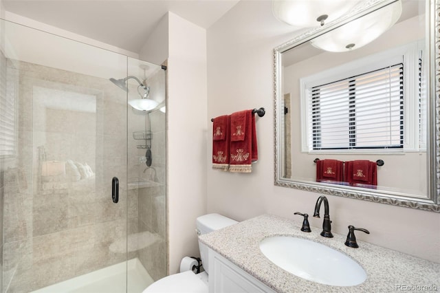 bathroom with a shower stall, toilet, and vanity