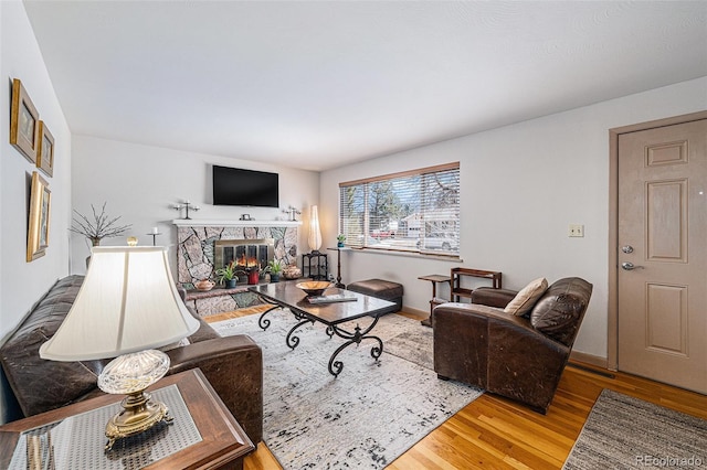 living room with baseboards, wood finished floors, and a fireplace