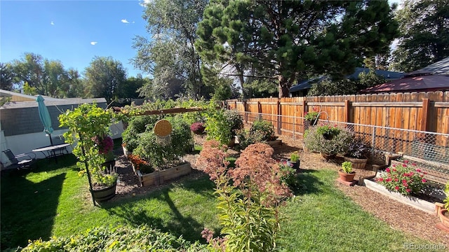 view of yard featuring a garden and a fenced backyard