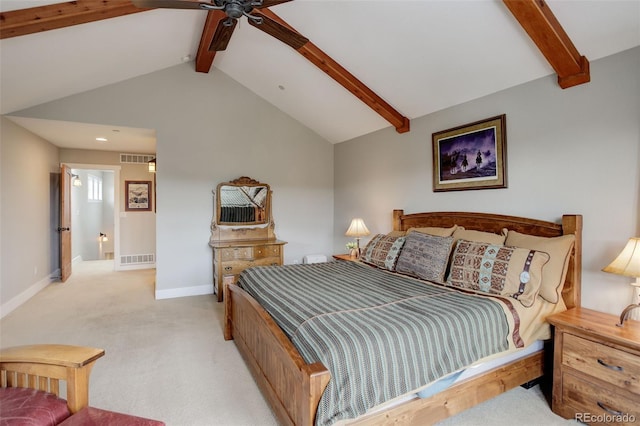 carpeted bedroom with vaulted ceiling with beams and ceiling fan