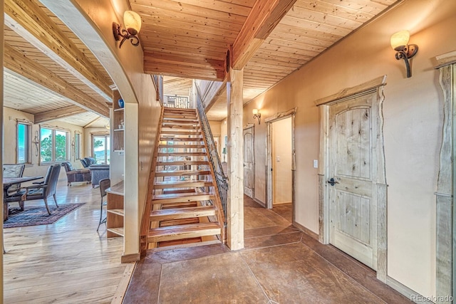 12220 Saddle Ridge Ln, Salida, CO 81201 - stairs with beamed ceiling, wood ceiling, wood finished floors, and baseboards