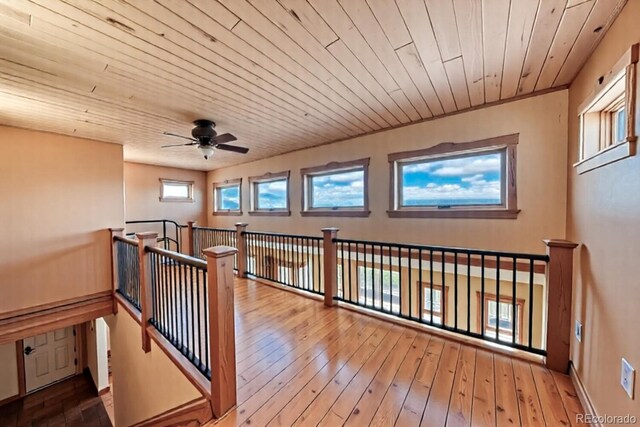 12220 Saddle Ridge Ln, Salida, CO 81201 - corridor with hardwood / wood-style flooring, wooden ceiling, an upstairs landing, and baseboards