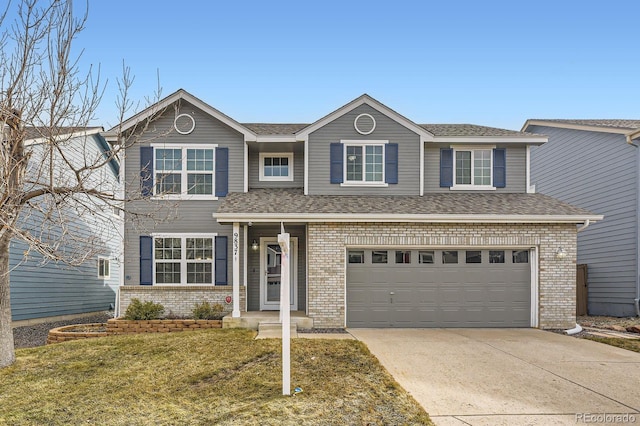 traditional-style house with a garage, brick siding, roof with shingles, and concrete driveway