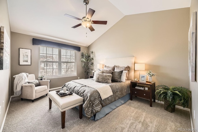 bedroom featuring carpet flooring, baseboards, a ceiling fan, and vaulted ceiling