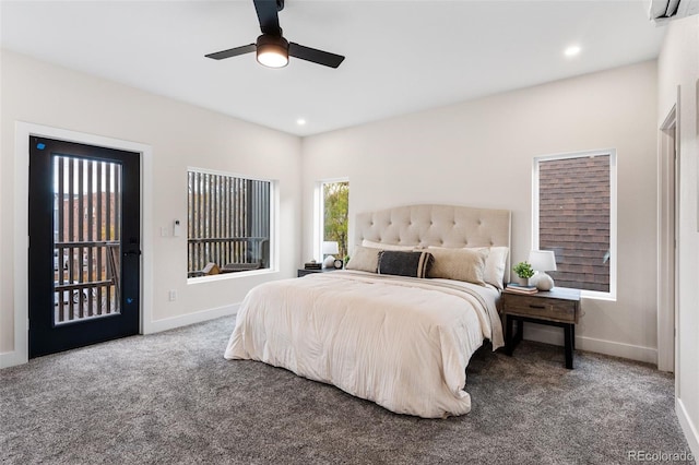 carpeted bedroom with recessed lighting, baseboards, and ceiling fan