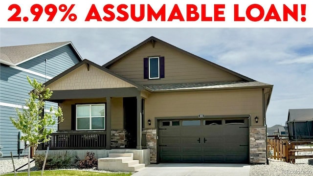 222 Fox St, Bennett, CO 80102 - craftsman-style house featuring covered porch, stone siding, driveway, a garage, and a shingled roof