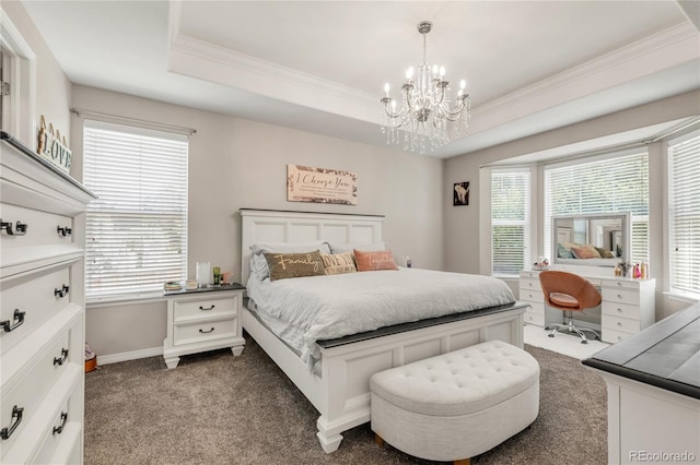 9904 Quintero St, Commerce City, CO 80022 - bedroom featuring a chandelier, carpet floors, crown molding, and a raised ceiling