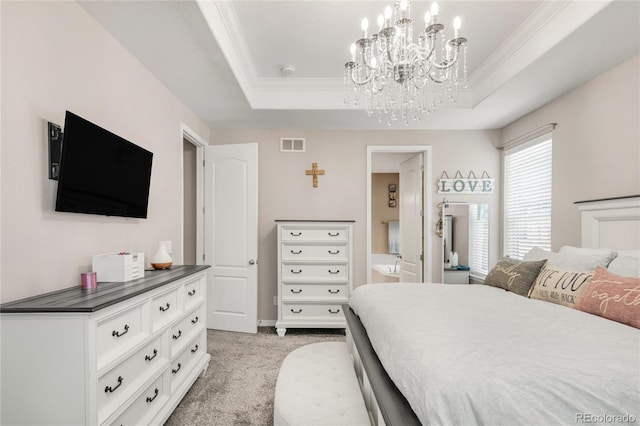 9904 Quintero St, Commerce City, CO 80022 - bedroom with a chandelier, light colored carpet, a raised ceiling, and crown molding