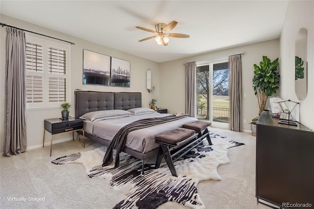 bedroom with baseboards, ceiling fan, carpet flooring, and access to outside