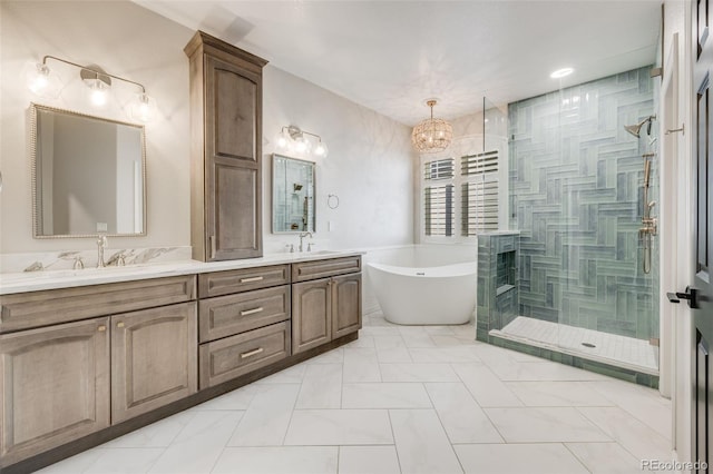 bathroom with double vanity, a soaking tub, tiled shower, and a sink