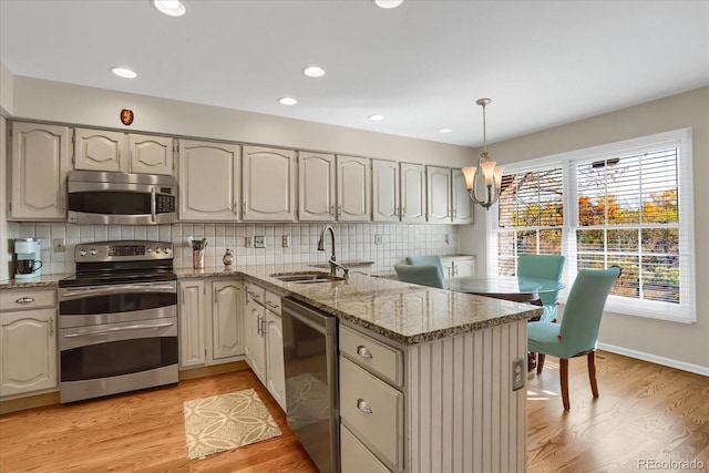 kitchen with sink, appliances with stainless steel finishes, backsplash, hanging light fixtures, and light hardwood / wood-style flooring