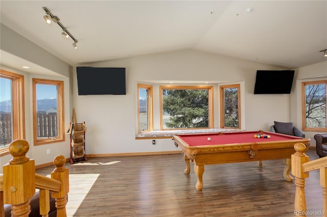 recreation room featuring wood finished floors, baseboards, lofted ceiling, pool table, and rail lighting